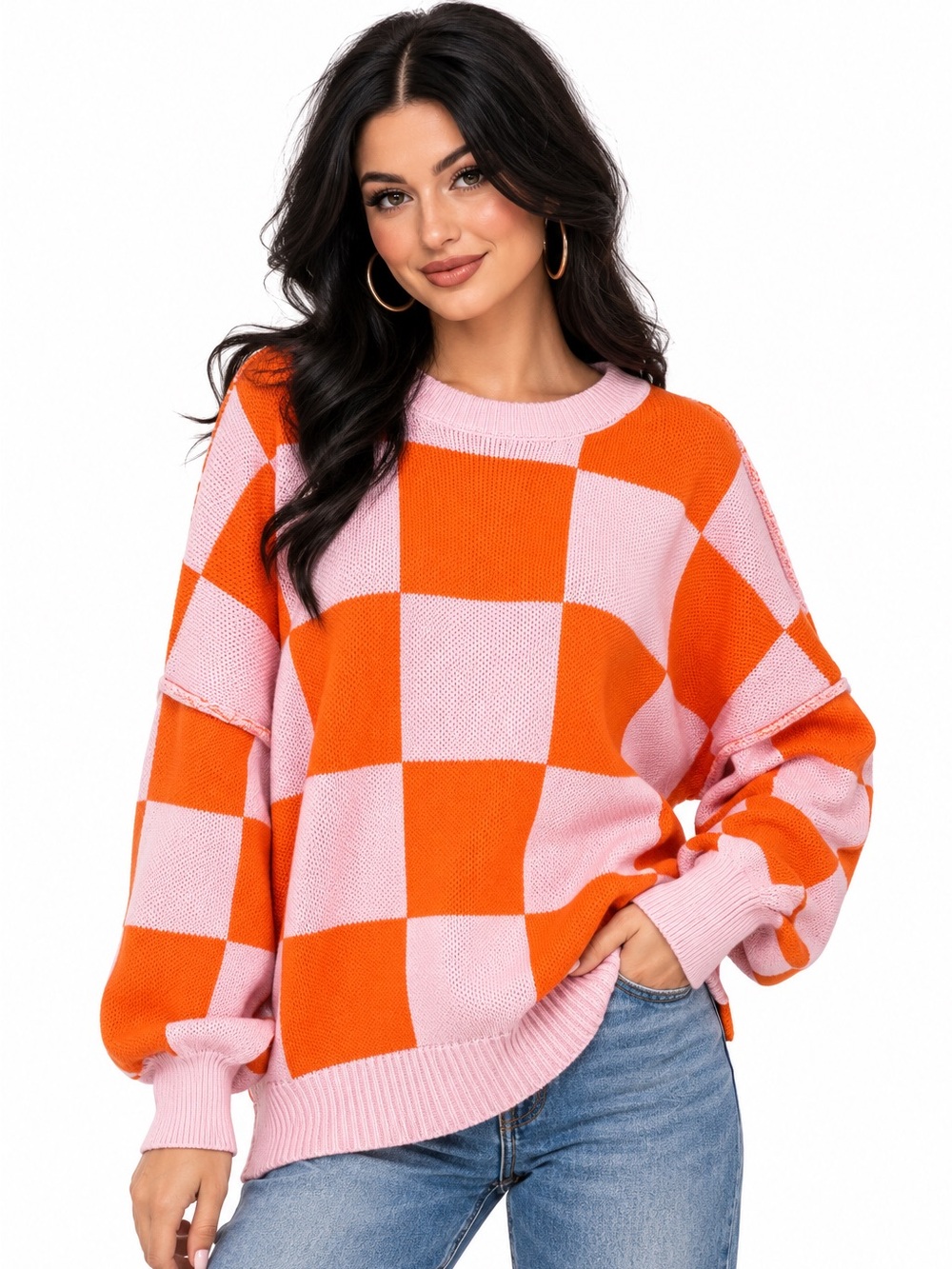 80s style Pink & Orange Checkered Crewneck Sweater XL